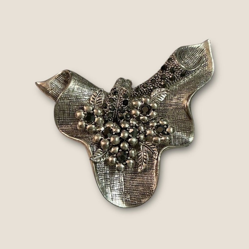 Vintage Silver Tone Floral Brooch With Black Rhinestones Accents 2.5" x 2"